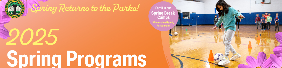 Girl dribbling soccer ball in gym. Chicago Park District 2025 spring programs.